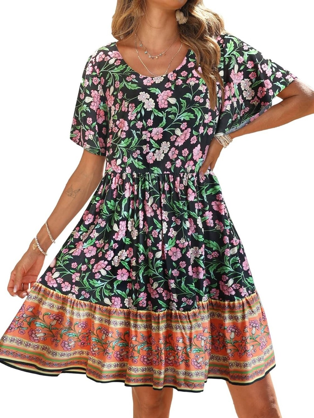 BTFBM Womens Casual Short Sleeve Boho Summer Dresses Crewneck Floral Print